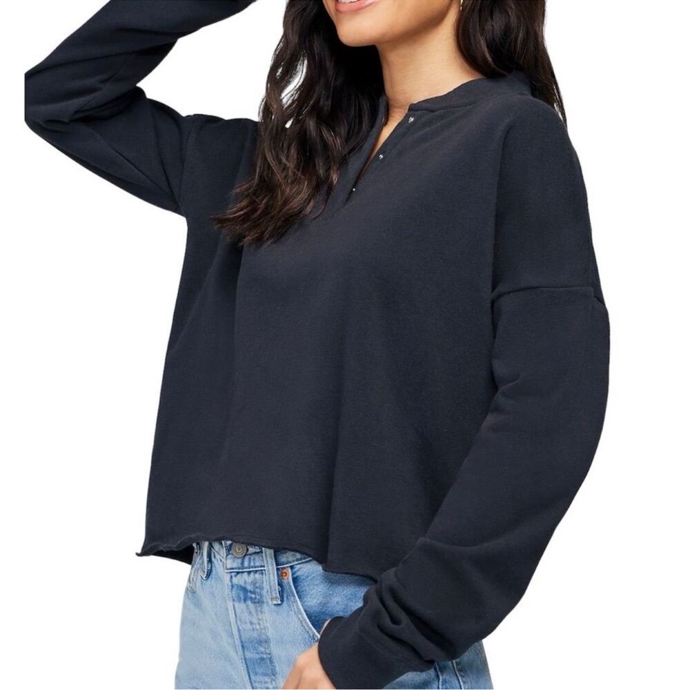 Wildfox Miami Henley Jet Black Long Sleeve Relaxed Sweatshirt L
